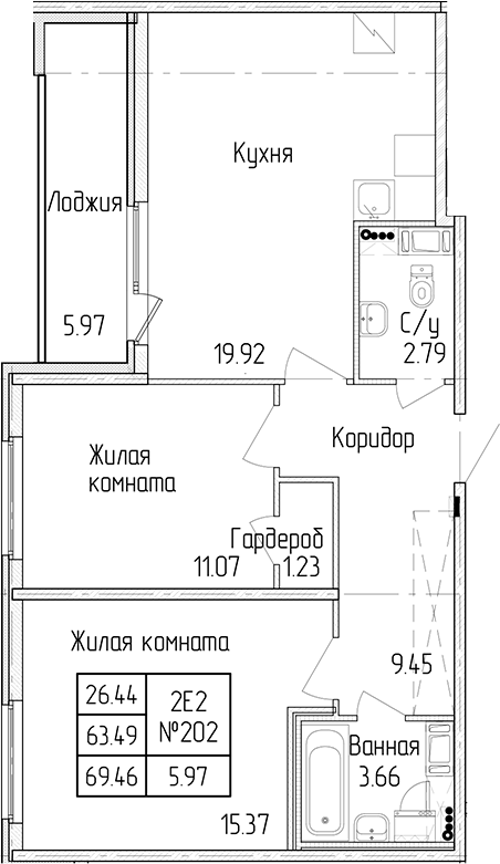2-комнатная квартира 63.49 м², 2/4 эт., ЖК «Любоград в Стрельне»